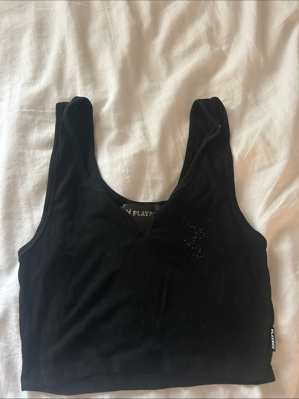 PLAYBOY Black Ribbed Cropped Tank with Embellished Logo